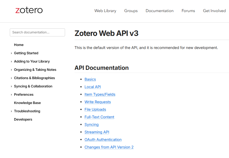 Zotero Web API v3 documentation index, including Basics, Local API, Item Types and Fields, and Write Requests.